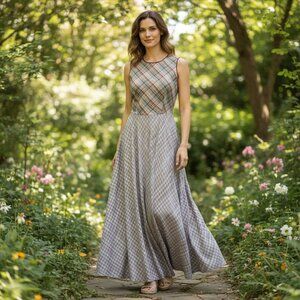 VTG K Studio Linen Blend Cottagecore Sleeveless Maxi Dress Sz 8 Plaids #257E